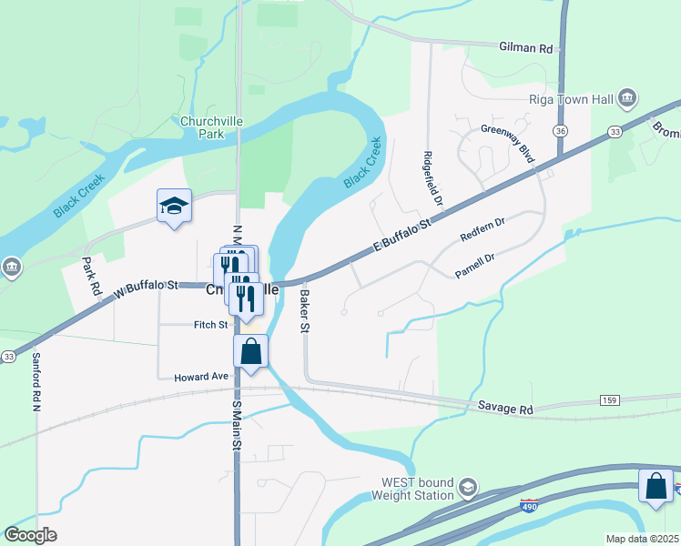 map of restaurants, bars, coffee shops, grocery stores, and more near 35 East Buffalo Street in Churchville