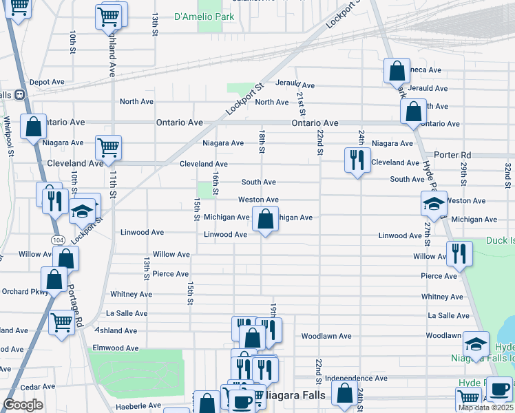 map of restaurants, bars, coffee shops, grocery stores, and more near 1809 18th Street in Niagara Falls