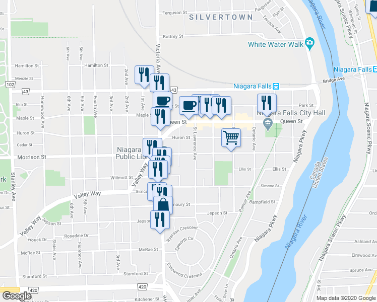 map of restaurants, bars, coffee shops, grocery stores, and more near in Niagara Falls