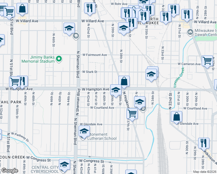 map of restaurants, bars, coffee shops, grocery stores, and more near 4840A North 39th Street in Milwaukee