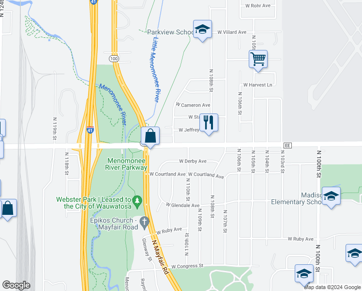 map of restaurants, bars, coffee shops, grocery stores, and more near 10953 West Jeffrey Lane in Milwaukee