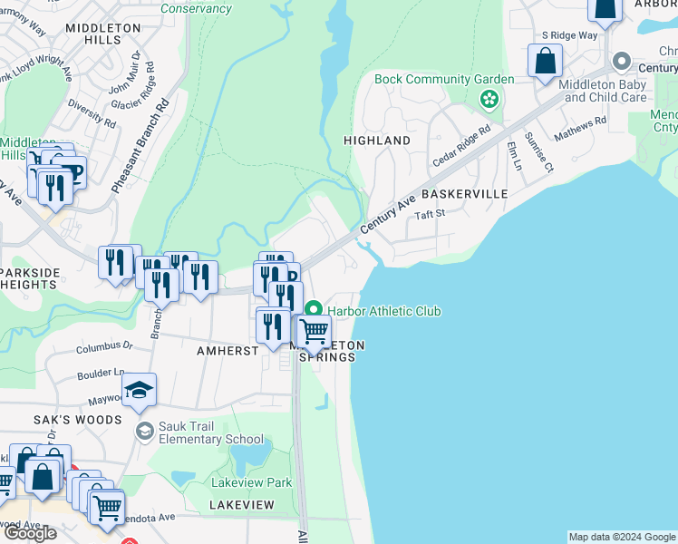 map of restaurants, bars, coffee shops, grocery stores, and more near 2825 Dewey Court in Middleton