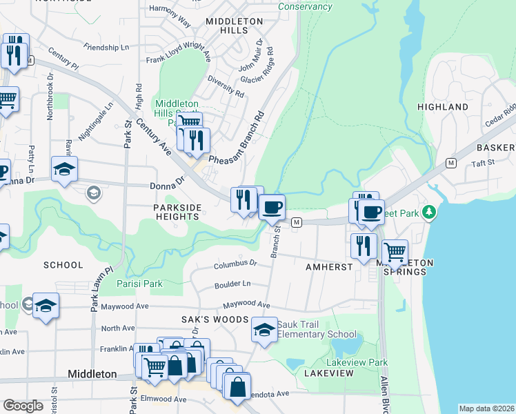 map of restaurants, bars, coffee shops, grocery stores, and more near 2901 Old Creek Road in Middleton