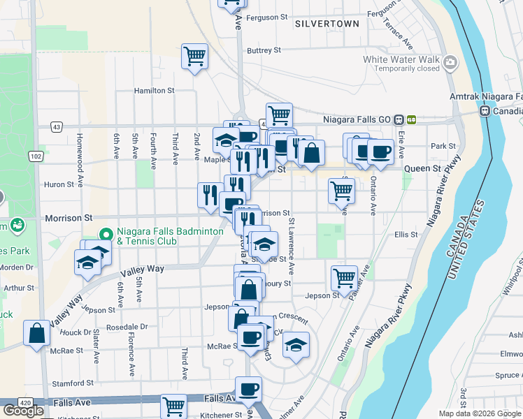 map of restaurants, bars, coffee shops, grocery stores, and more near 4749 Morrison Street in Niagara Falls