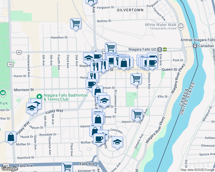 map of restaurants, bars, coffee shops, grocery stores, and more near 4711 Morrison Street in Niagara Falls