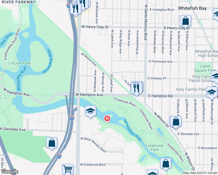 map of restaurants, bars, coffee shops, grocery stores, and more near 4863 North Lydell Avenue in Glendale