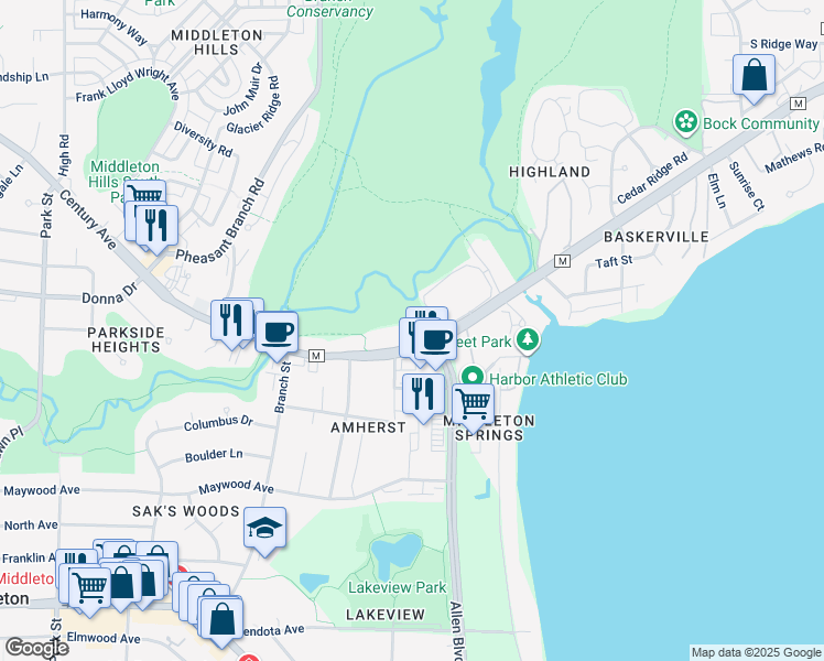 map of restaurants, bars, coffee shops, grocery stores, and more near 6210 Century Avenue in Middleton