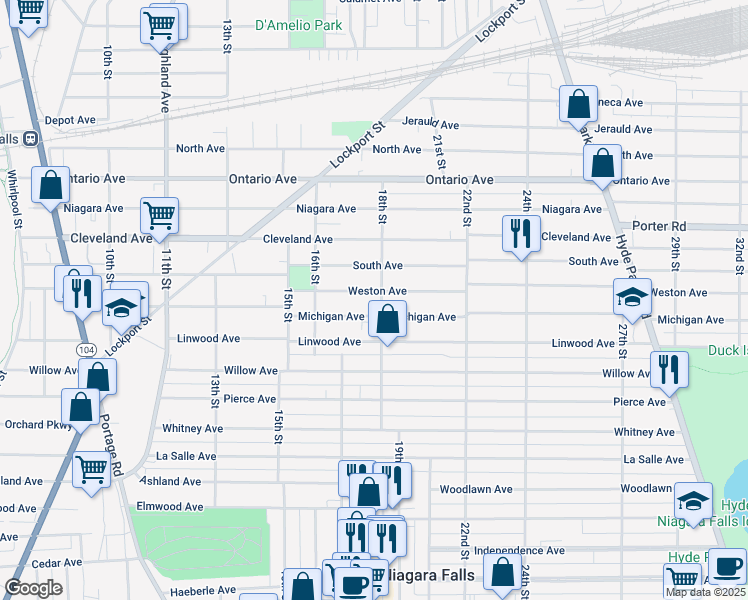 map of restaurants, bars, coffee shops, grocery stores, and more near 1809 18th Street in Niagara Falls