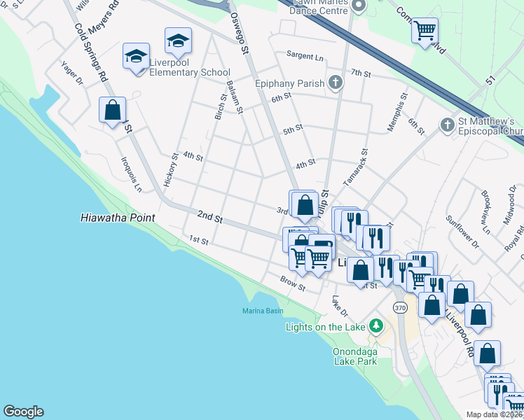 map of restaurants, bars, coffee shops, grocery stores, and more near 212 3rd Street in Liverpool