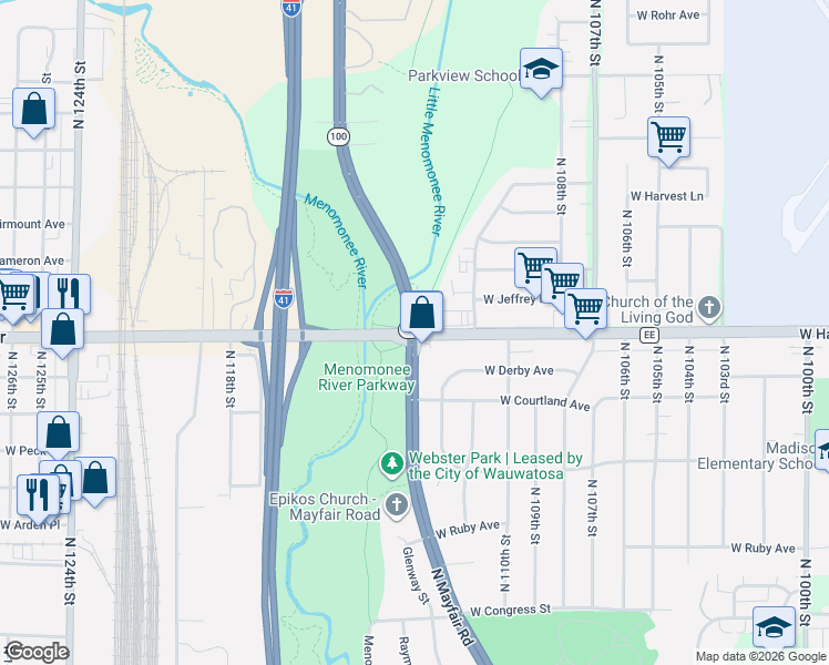 map of restaurants, bars, coffee shops, grocery stores, and more near W Hampton Ave & N Lovers Lane Rd in Milwaukee