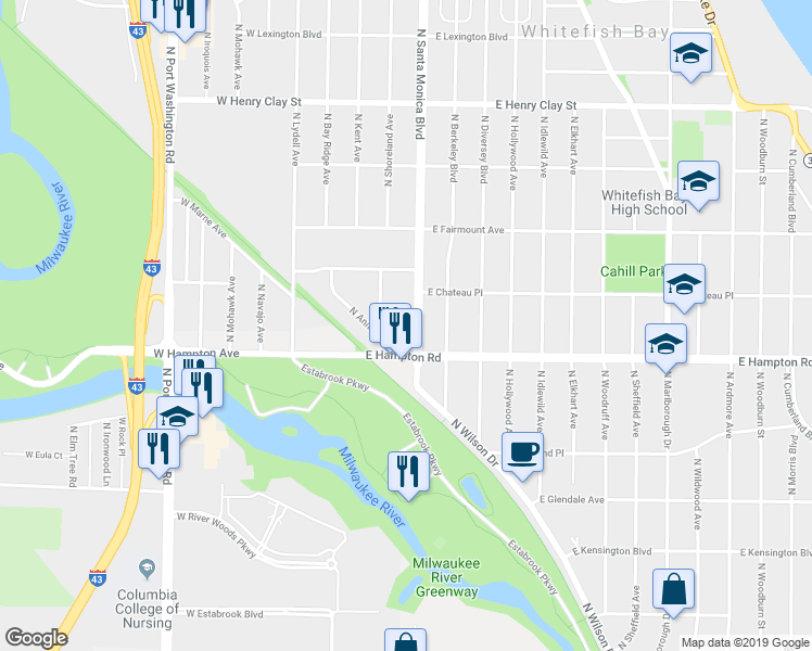 map of restaurants, bars, coffee shops, grocery stores, and more near 4847 North Santa Monica Boulevard in Whitefish Bay