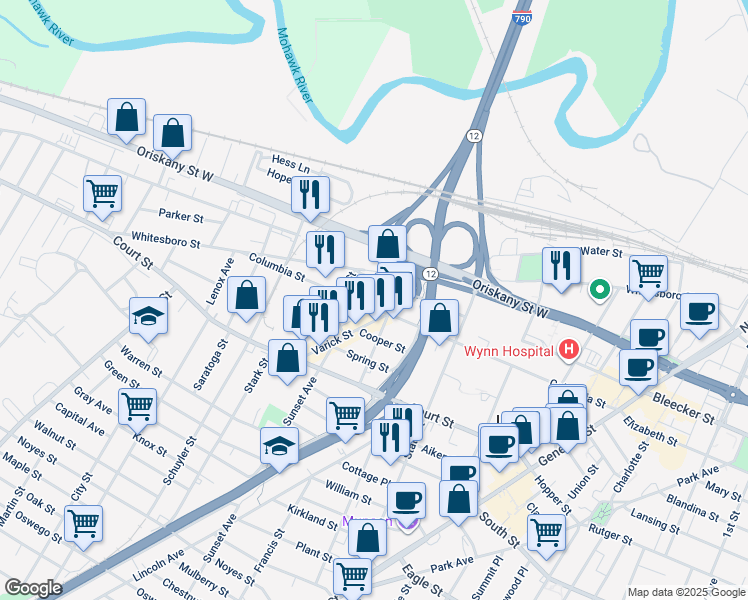 map of restaurants, bars, coffee shops, grocery stores, and more near 704 Columbia Street in Utica