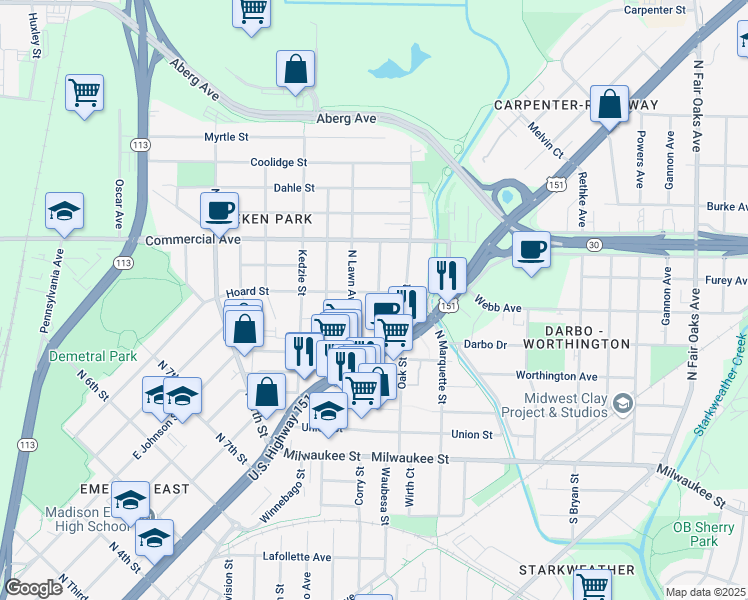 map of restaurants, bars, coffee shops, grocery stores, and more near 512 Algoma Street in Madison