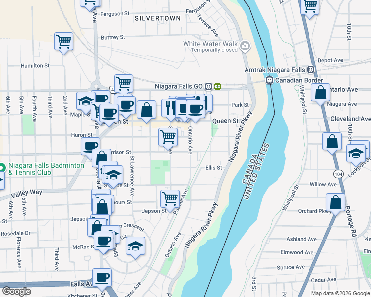 map of restaurants, bars, coffee shops, grocery stores, and more near 4403 Morrison Street in Niagara Falls