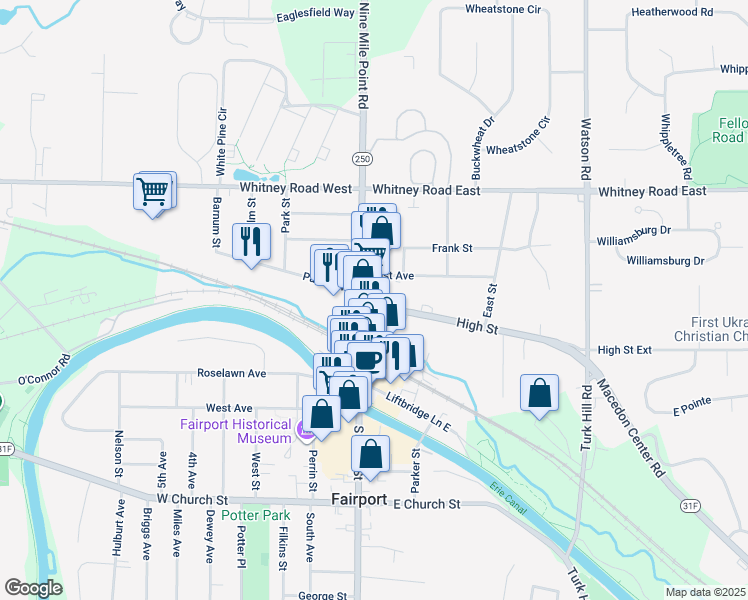 map of restaurants, bars, coffee shops, grocery stores, and more near in Fairport