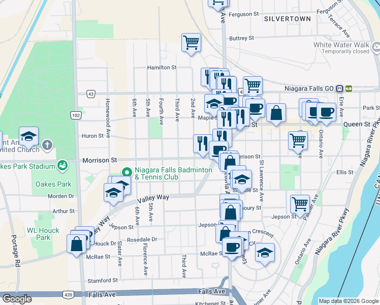 map of restaurants, bars, coffee shops, grocery stores, and more near 4726 3rd Avenue in Niagara Falls