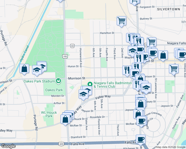 map of restaurants, bars, coffee shops, grocery stores, and more near in Niagara Falls
