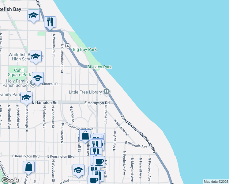 map of restaurants, bars, coffee shops, grocery stores, and more near 4850 North Lake Drive in Whitefish Bay
