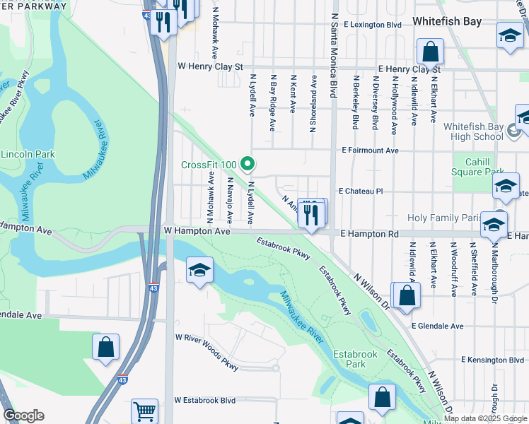 map of restaurants, bars, coffee shops, grocery stores, and more near 4901 North Anita Avenue in Whitefish Bay
