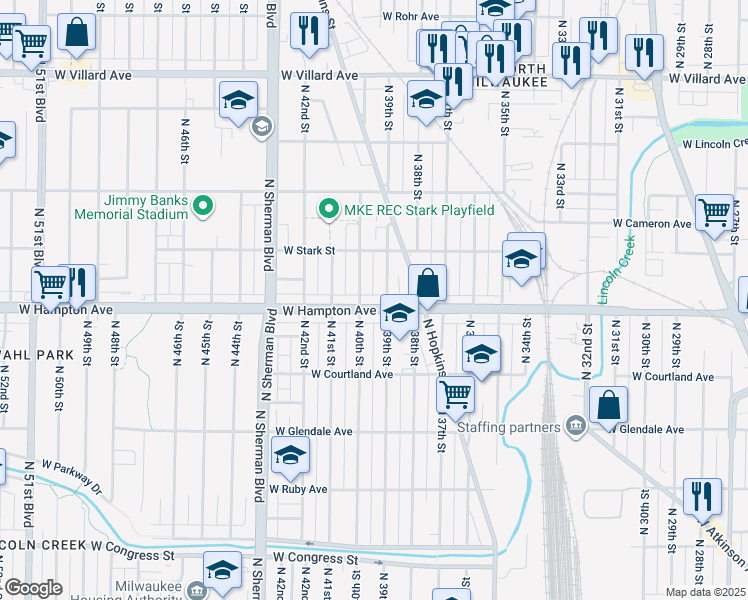 map of restaurants, bars, coffee shops, grocery stores, and more near 4840A North 39th Street in Milwaukee