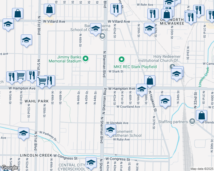 map of restaurants, bars, coffee shops, grocery stores, and more near 4229 West Luscher Avenue in Milwaukee