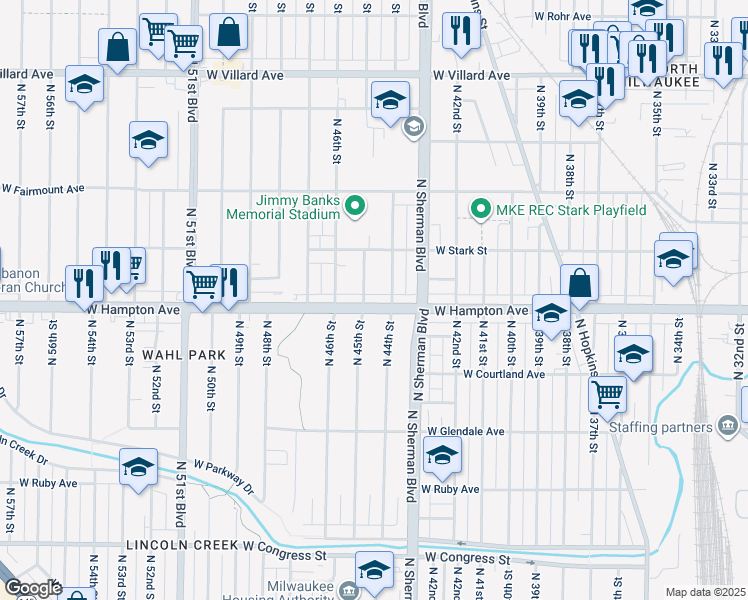 map of restaurants, bars, coffee shops, grocery stores, and more near 4843 North 45th Street in Milwaukee