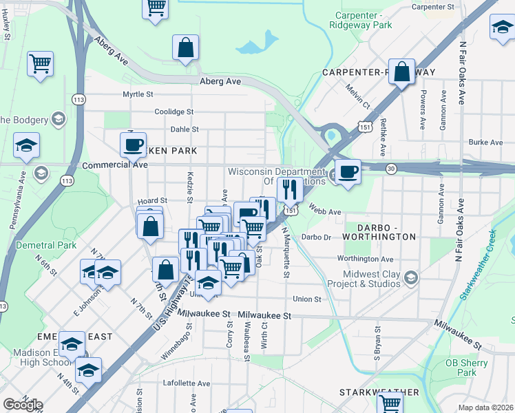 map of restaurants, bars, coffee shops, grocery stores, and more near 510 North Oak Street in Madison