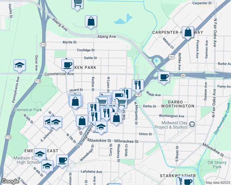 map of restaurants, bars, coffee shops, grocery stores, and more near 512 Algoma Street in Madison