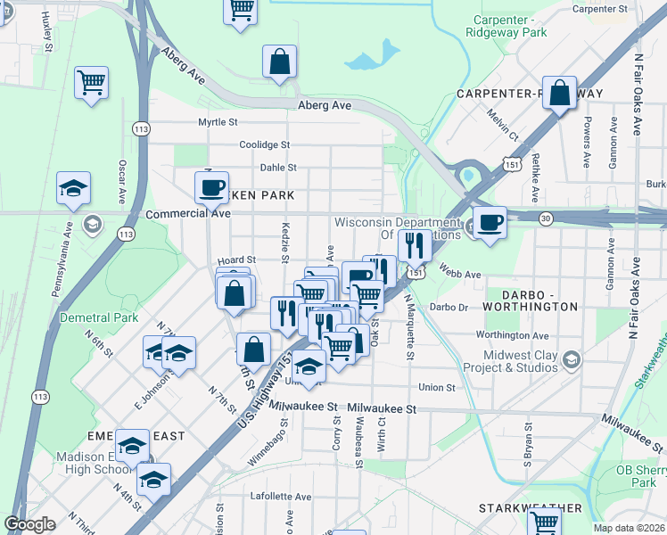 map of restaurants, bars, coffee shops, grocery stores, and more near 512 Algoma Street in Madison