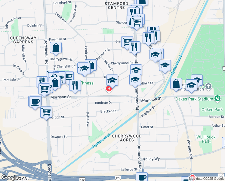 map of restaurants, bars, coffee shops, grocery stores, and more near 6387 Morrison Street in Niagara Falls
