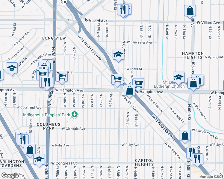 map of restaurants, bars, coffee shops, grocery stores, and more near W Hampton Ave & N 69th St in Milwaukee