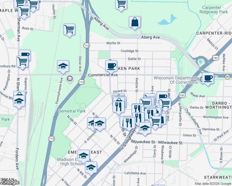 map of restaurants, bars, coffee shops, grocery stores, and more near 510 Maywood Street in Madison