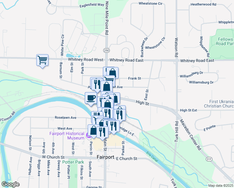 map of restaurants, bars, coffee shops, grocery stores, and more near 20 East Avenue in Fairport