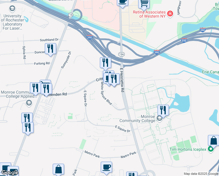 map of restaurants, bars, coffee shops, grocery stores, and more near 125 White Spruce Boulevard in Rochester