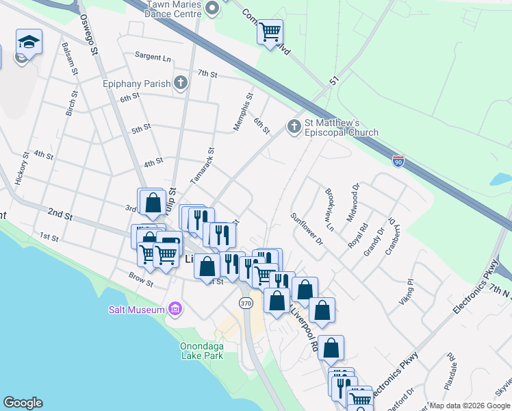 map of restaurants, bars, coffee shops, grocery stores, and more near 605 4th Street in Liverpool