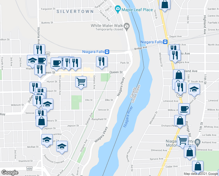 map of restaurants, bars, coffee shops, grocery stores, and more near 4261 Morrison Street in Niagara Falls