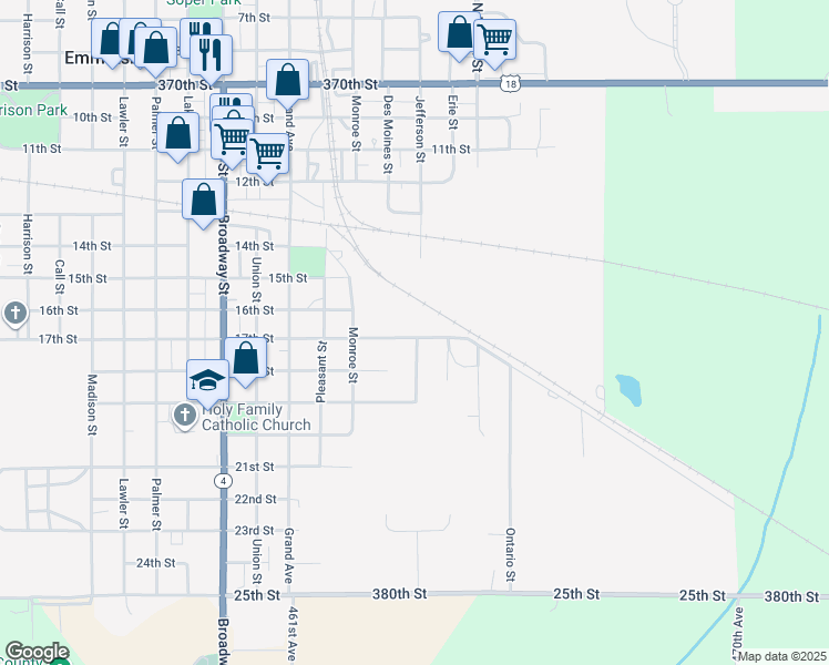 map of restaurants, bars, coffee shops, grocery stores, and more near 1601 17th Street in Emmetsburg