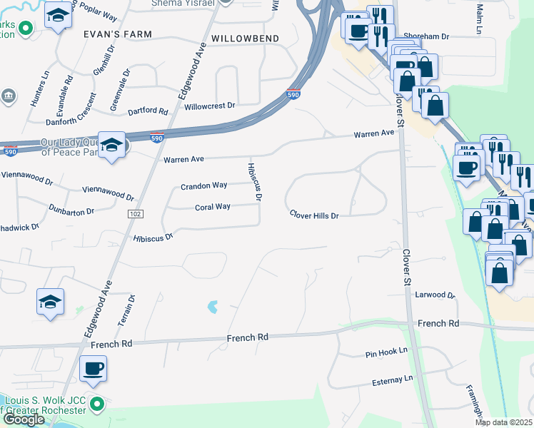 map of restaurants, bars, coffee shops, grocery stores, and more near 240 Hibiscus Drive in Rochester