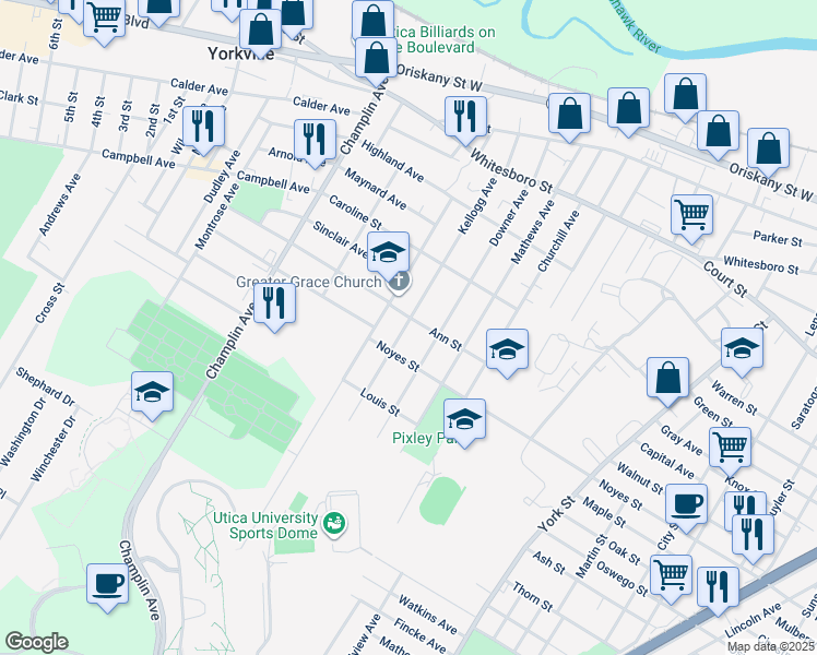 map of restaurants, bars, coffee shops, grocery stores, and more near 1127 Kellogg Ave in Utica
