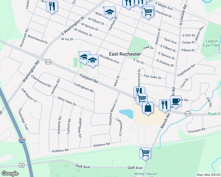 map of restaurants, bars, coffee shops, grocery stores, and more near 332 New York 31F in East Rochester