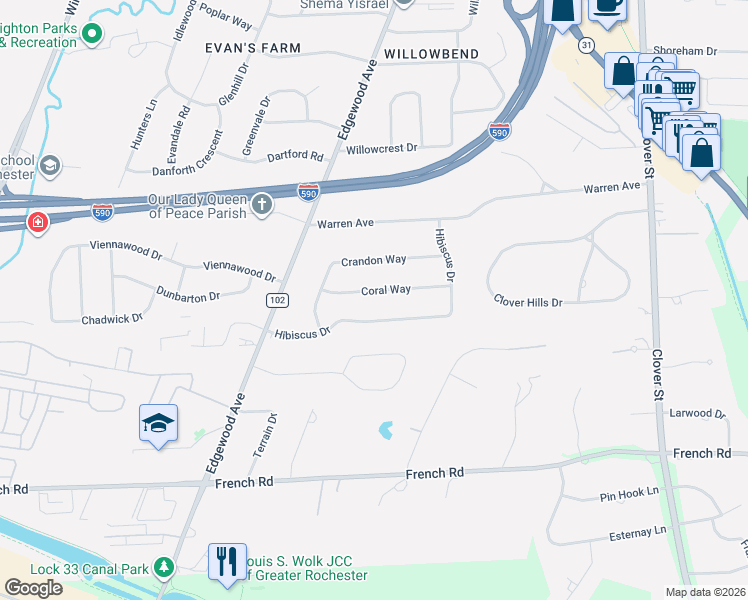 map of restaurants, bars, coffee shops, grocery stores, and more near 60 Coral Way in Rochester