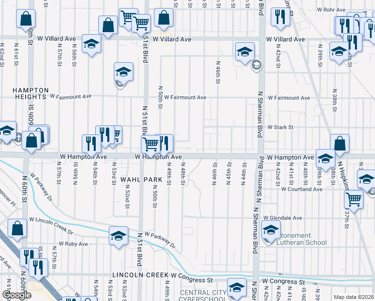 map of restaurants, bars, coffee shops, grocery stores, and more near 4827 West Luscher Avenue in Milwaukee