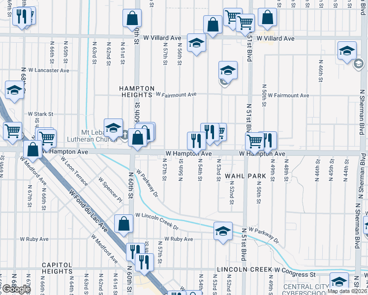 map of restaurants, bars, coffee shops, grocery stores, and more near 4830 North 56th Street in Milwaukee
