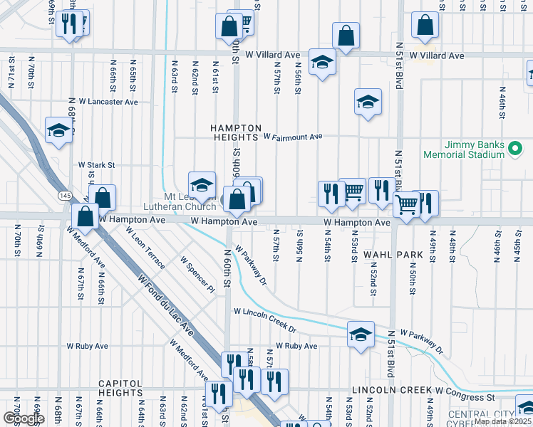 map of restaurants, bars, coffee shops, grocery stores, and more near 4833 North 57th Street in Milwaukee