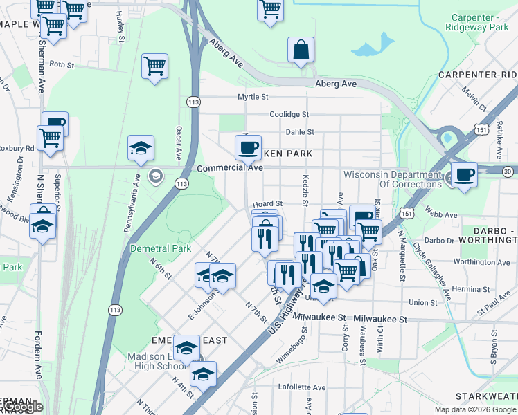 map of restaurants, bars, coffee shops, grocery stores, and more near 510 Maywood Street in Madison