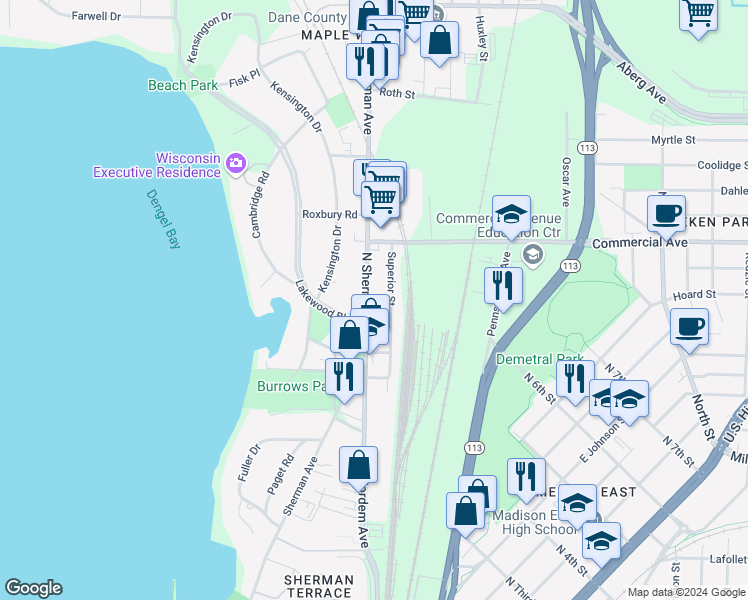 map of restaurants, bars, coffee shops, grocery stores, and more near 405 North Sherman Avenue in Madison
