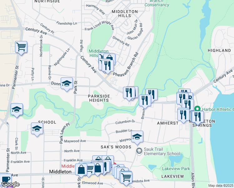 map of restaurants, bars, coffee shops, grocery stores, and more near 6710 Century Avenue in Middleton