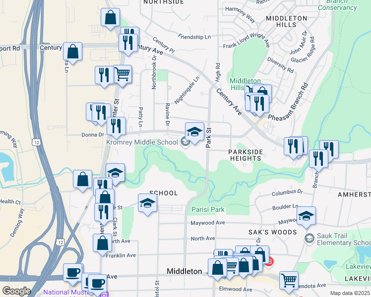 map of restaurants, bars, coffee shops, grocery stores, and more near 7009 Donna Drive in Middleton