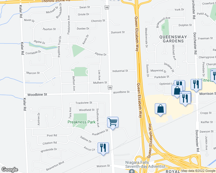 map of restaurants, bars, coffee shops, grocery stores, and more near 4699 Montrose Road in Niagara Falls