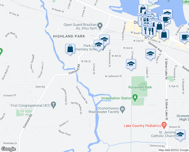 map of restaurants, bars, coffee shops, grocery stores, and more near 1109 South Pearl Street in Oconomowoc